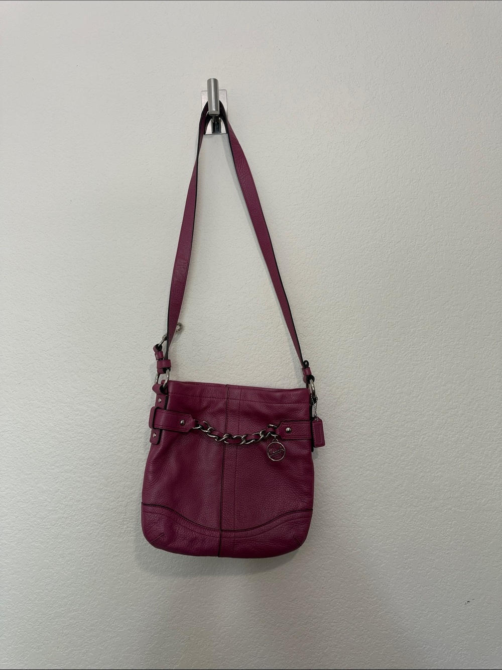 Coach Plum Leather Shoulder Bag with Chain Accent